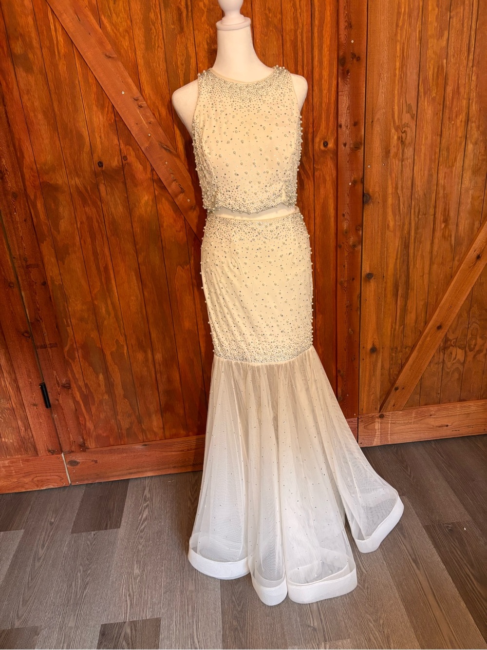 Ivory Beaded Pearl-Embellished Formal Dress
